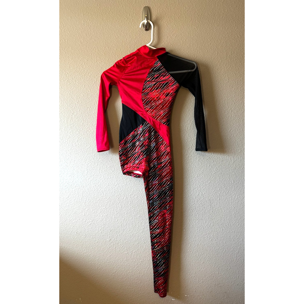 Weissman Red Black Asymmetrical Dance Costume Unitard One-Leg RN#64830 Size IC